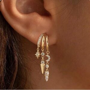 NEW 14k Gold Plated Triple Huggie Stud Earrings Dainty Drop Earrings
